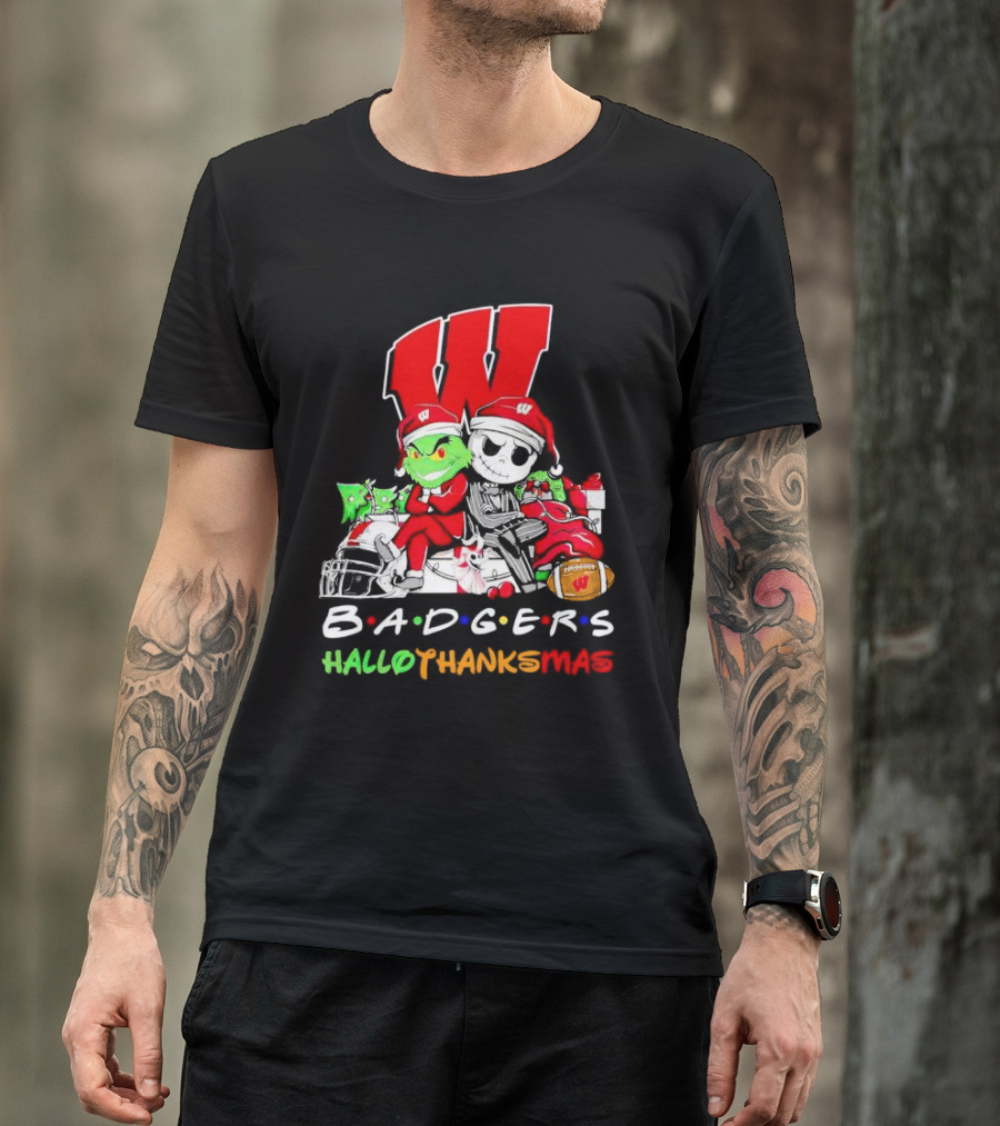 Badgers HalloThanksMas Grinch Jack Skellington Friends Football W T-Shirt
