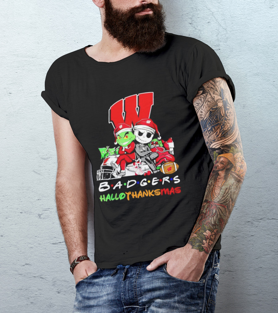 Badgers HalloThanksMas Grinch Jack Skellington Friends Football W T-Shirt