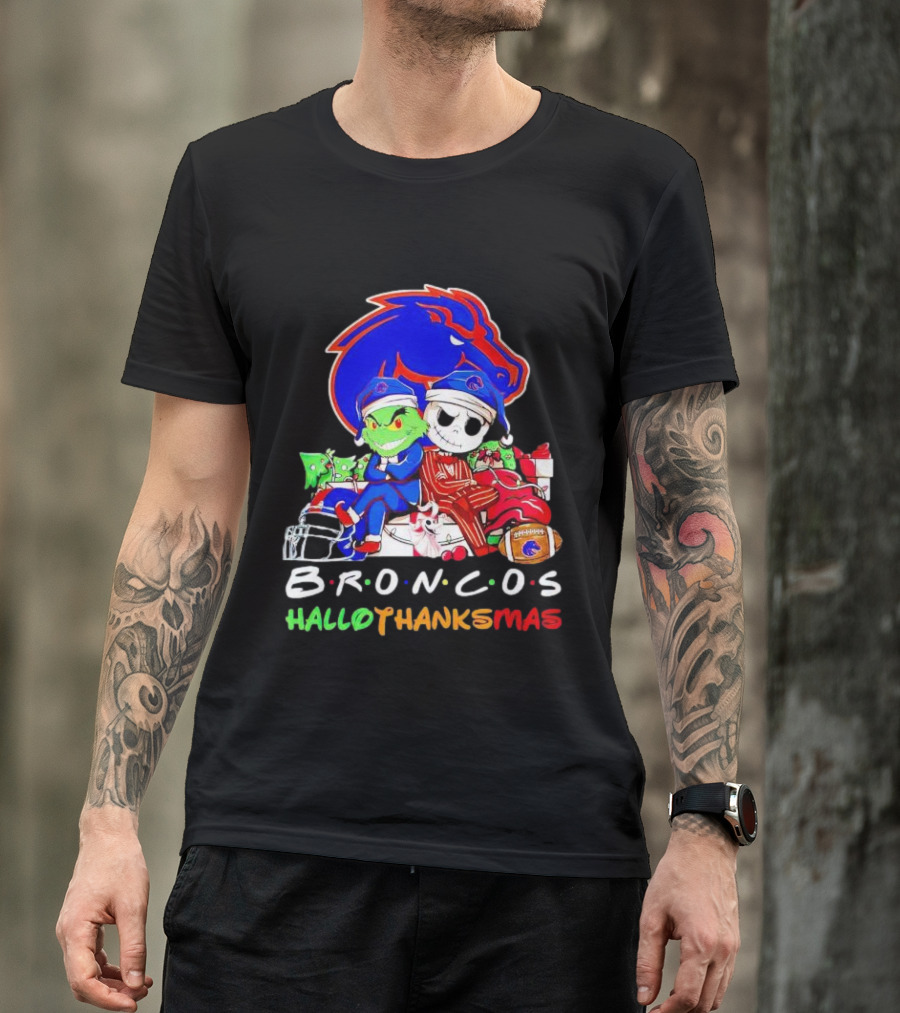 Broncos HalloThanksMas Grinch And Jack Skellington Friends T-Shirt