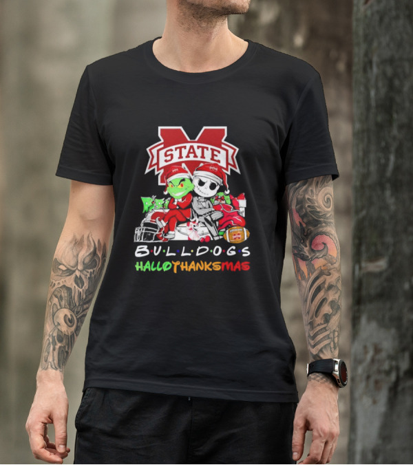 State Bulldogs Grinch And Jack Skellington HalloThanksMas T-Shirt