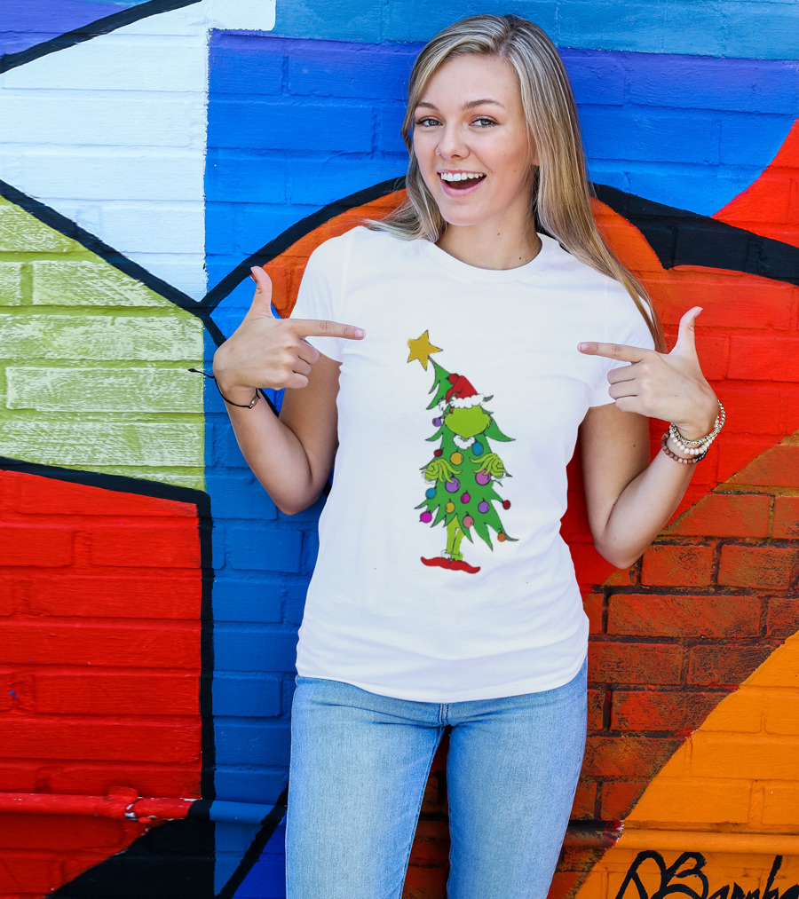 Grinch Christmas Tree Costume With Star And Ornaments T-Shirt