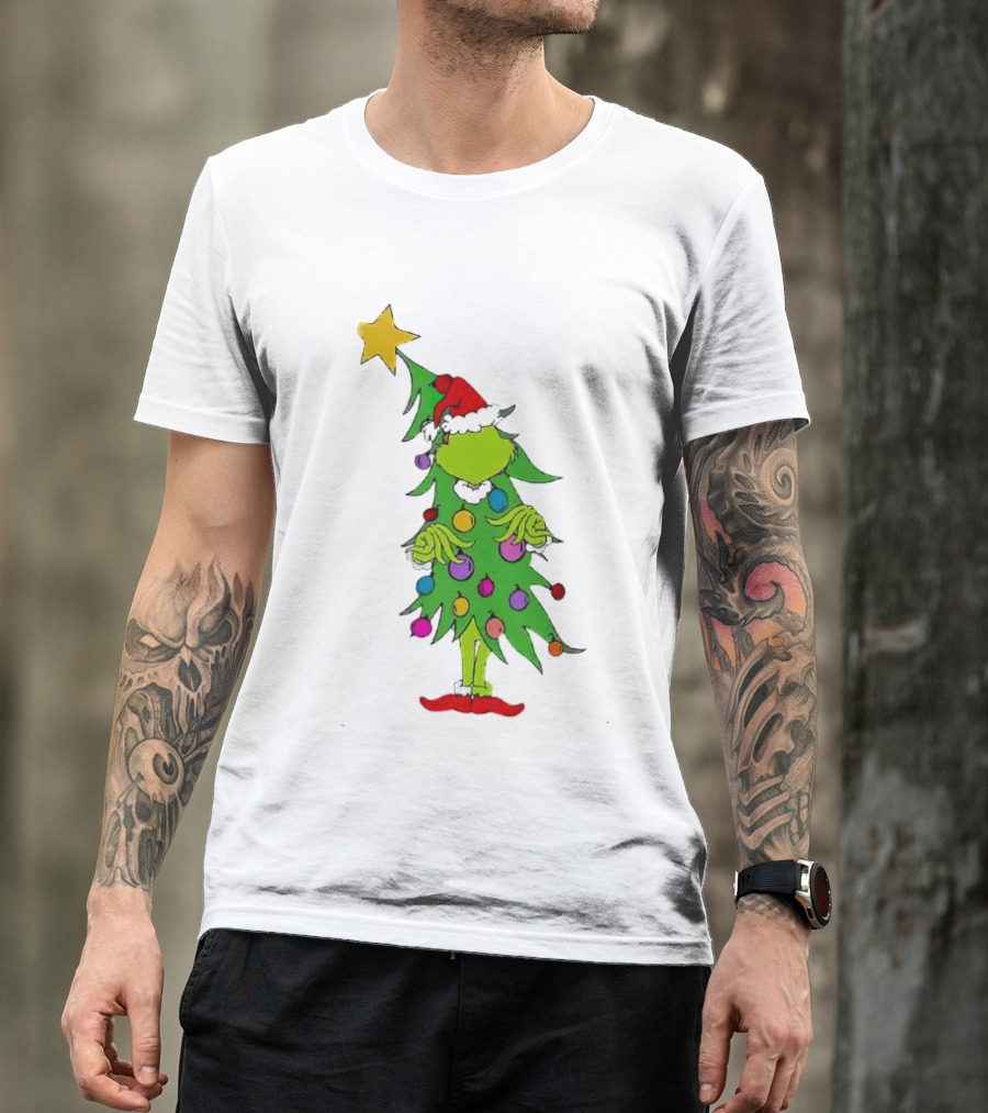 Grinch Christmas Tree Costume With Star And Ornaments T-Shirt