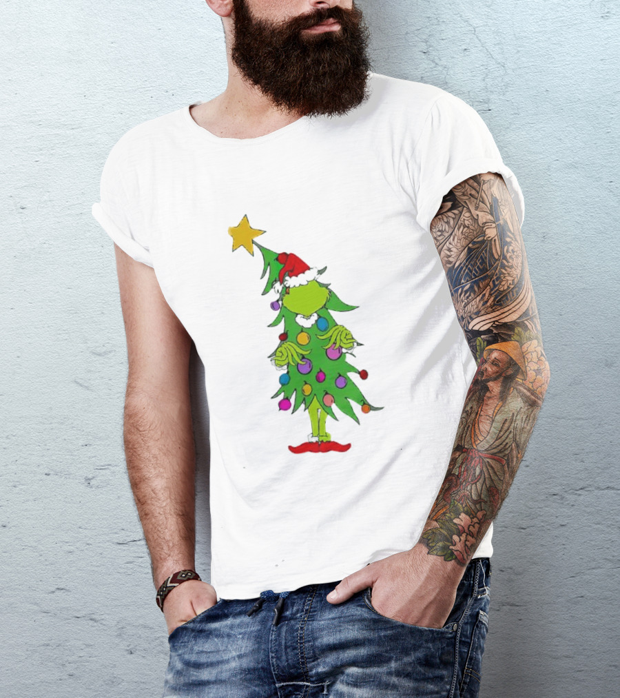 Grinch Christmas Tree Costume With Star And Ornaments T-Shirt