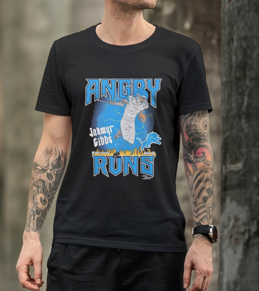 Jahmyr Gibbs Angry Runs Detroit Football Flames And Lion T-Shirt