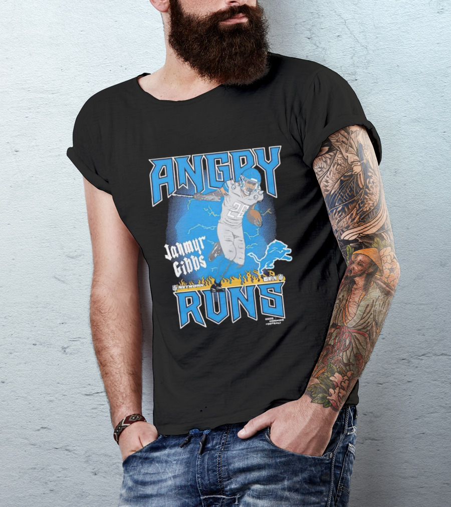 Jahmyr Gibbs Angry Runs Detroit Football Flames And Lion T-Shirt