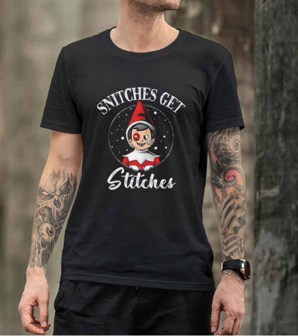 SNITCHES GET STITCHES Elf Red Hat Black Eye Snowflakes T-Shirt