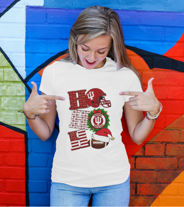 Indiana Hoosiers Christmas Ho Ho Ho Football Helmet Wreath Santa Hat T-Shirt