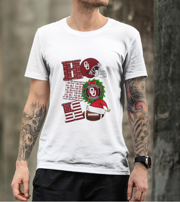 Oklahoma Sooners OU Helmet Wreath Football Santa Ho Ho Ho Christmas T-Shirt