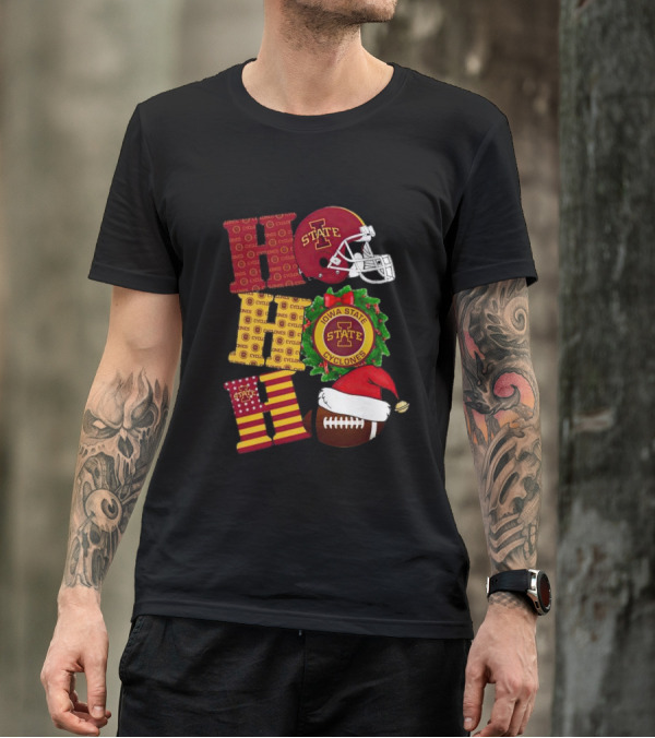 Iowa State Cyclones Christmas Football Helmet And Wreath Ho Ho Ho T-Shirt