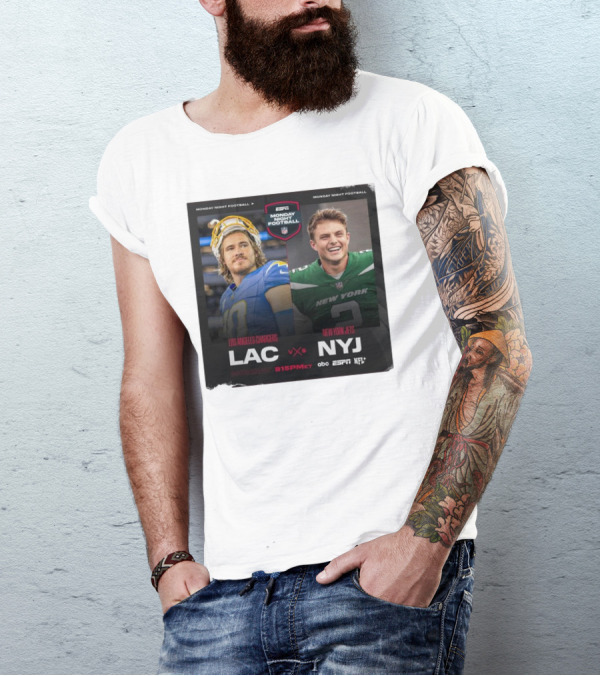 Justin Herbert Vs Zach Wilson Los Angeles Chargers Vs New York Jets ESPN Monday Night Football LAC Vs NYJ NFL 8:15 PM ET T-Shirt