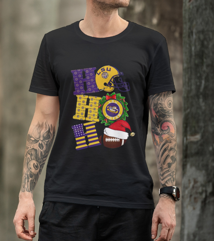LSU Tigers Christmas Helmet Wreath Football Ho Ho Ho T-Shirt