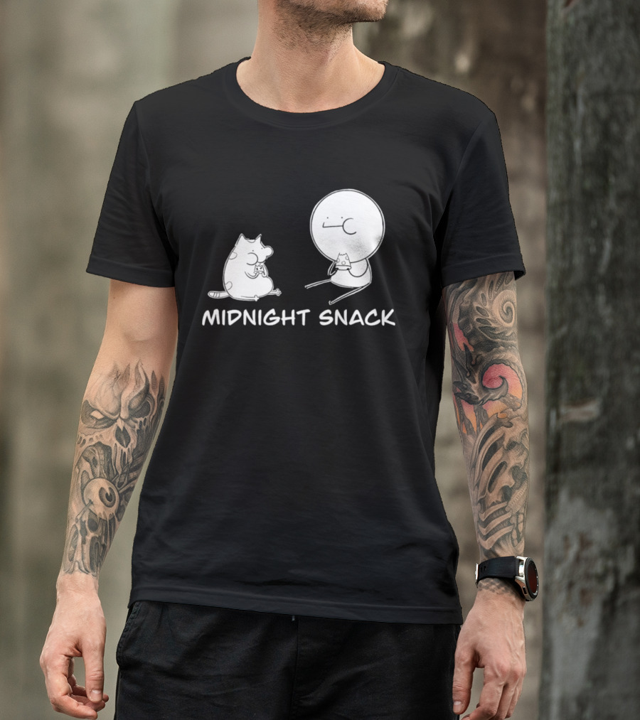 MIDNIGHT SNACK Cat And Stick Figure Eating Pizza T-Shirt