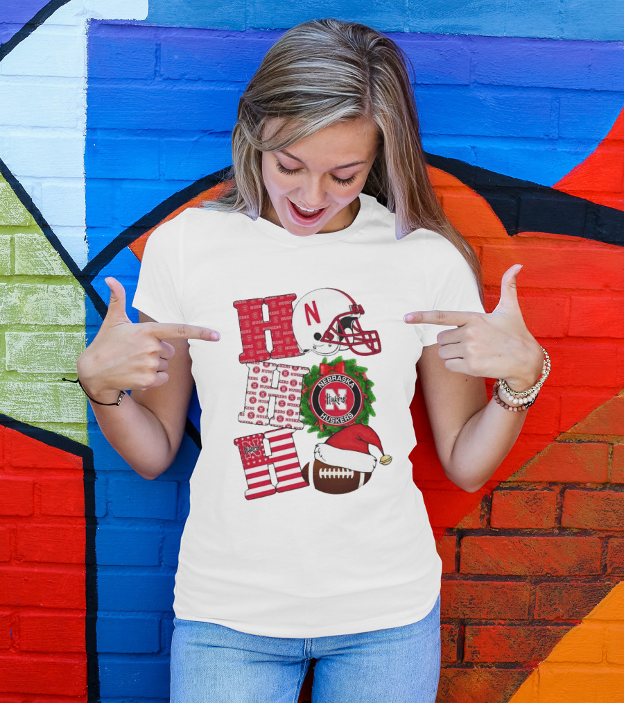 Nebraska Cornhuskers Ho Ho Ho Christmas Football Helmet Wreath Santa Hat Football T-Shirt