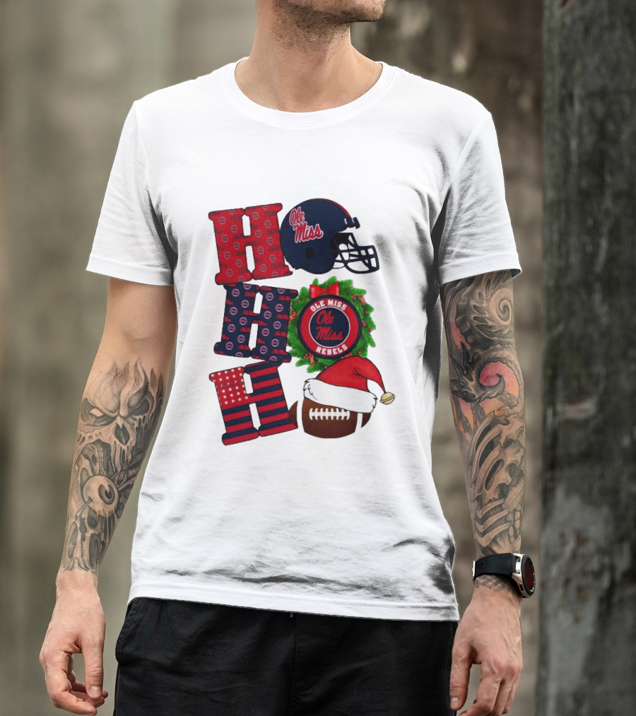 Ole Miss Rebels Christmas Football Helmet Wreath Ho Ho Ho T-Shirt