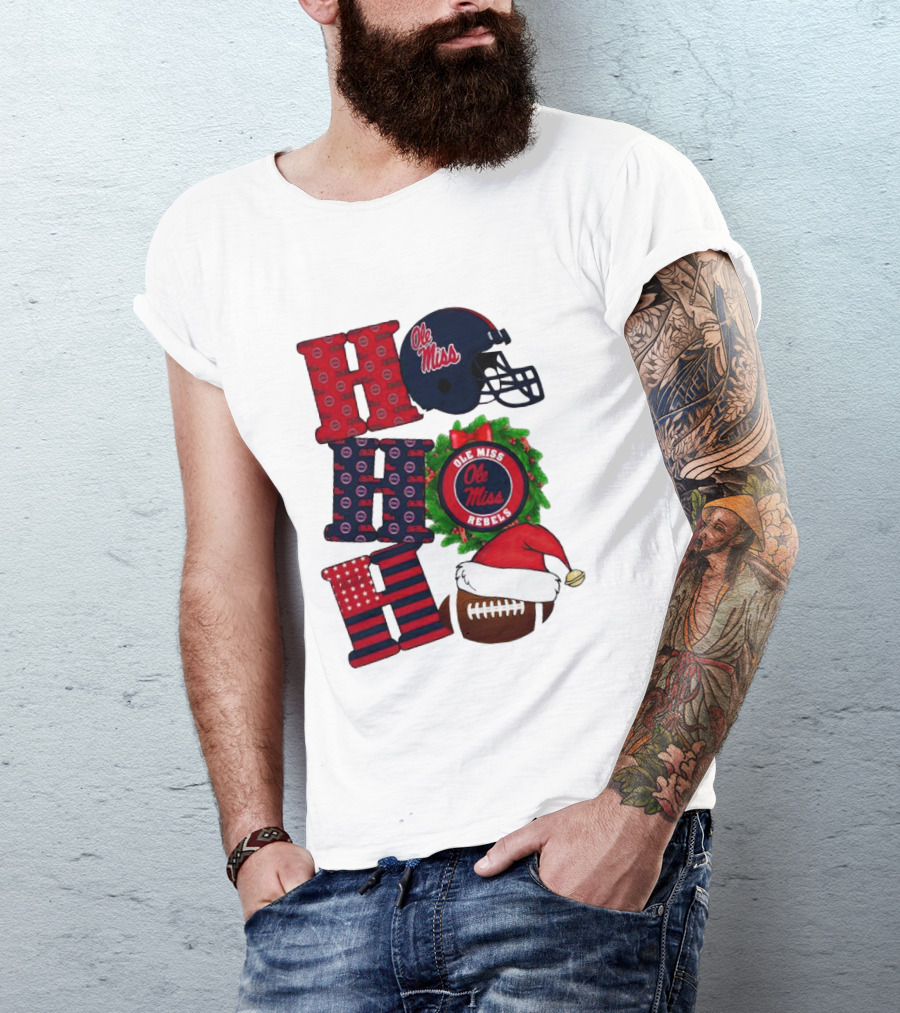 Ole Miss Rebels Christmas Football Helmet Wreath Ho Ho Ho T-Shirt