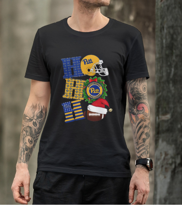 Pitt Panthers Christmas Helmet Wreath Football Ho Ho Ho T-Shirt