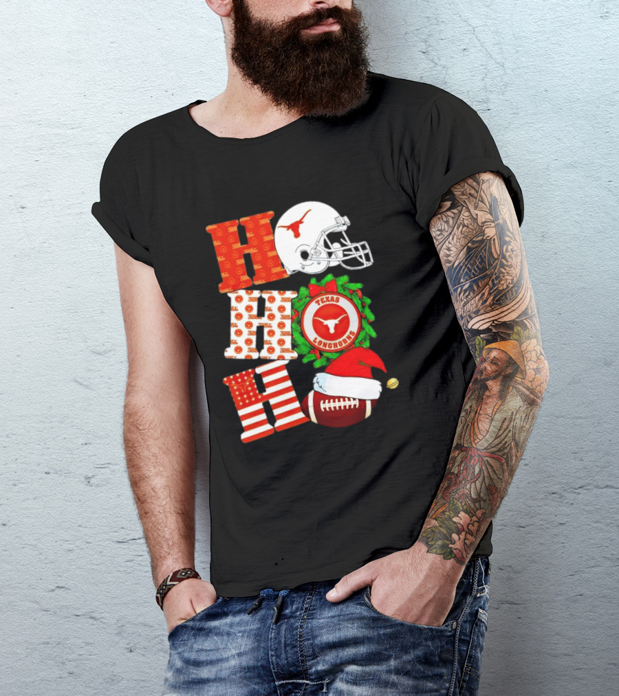 Texas Longhorns Ho Ho Ho Christmas Football Helmet Wreath Santa Hat T-Shirt