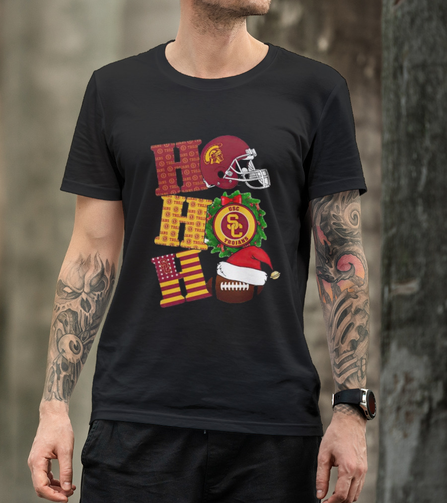 USC Trojans Ho Ho Ho Christmas Helmet Wreath Football Santa Hat T-Shirt
