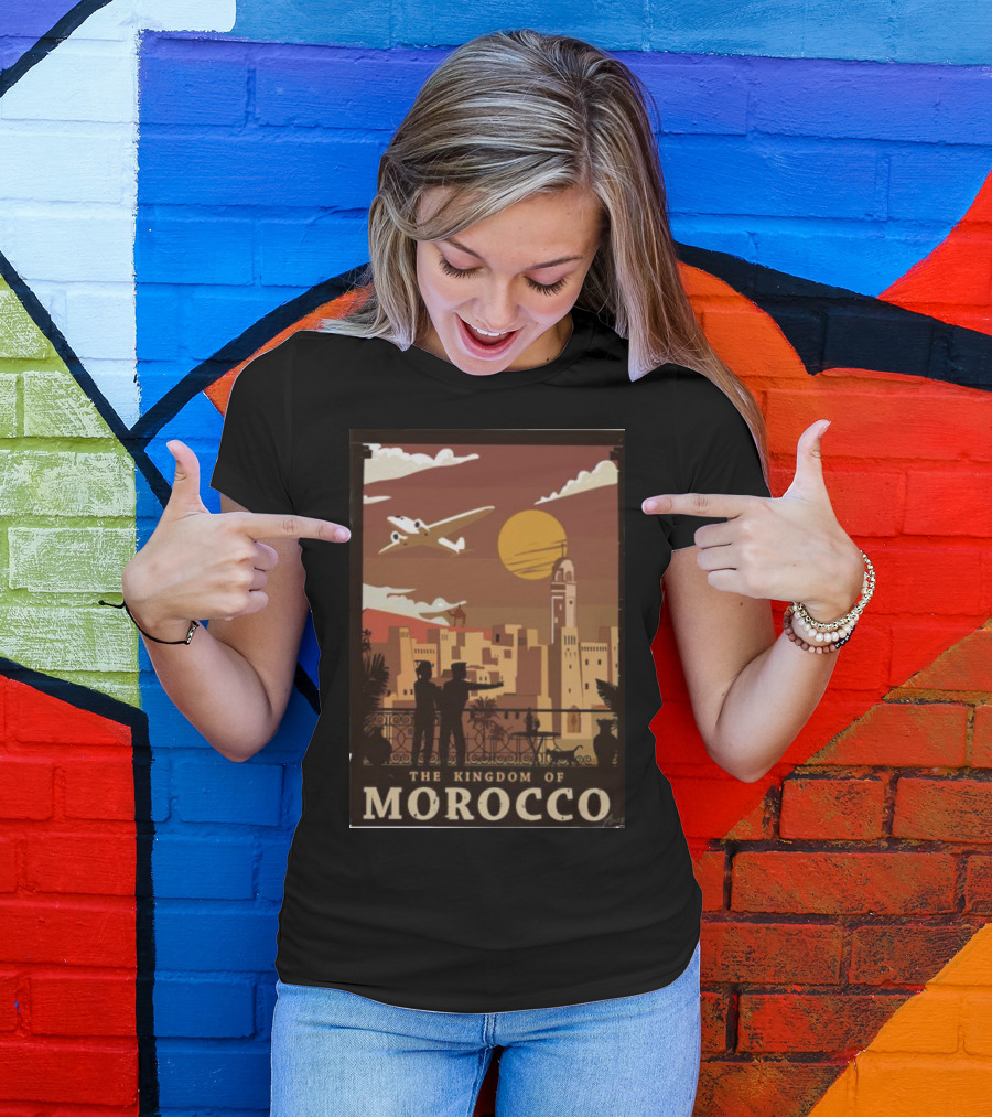The Kingdom Of Morocco Skyline View With Airplane And Sunset Scene T-Shirt