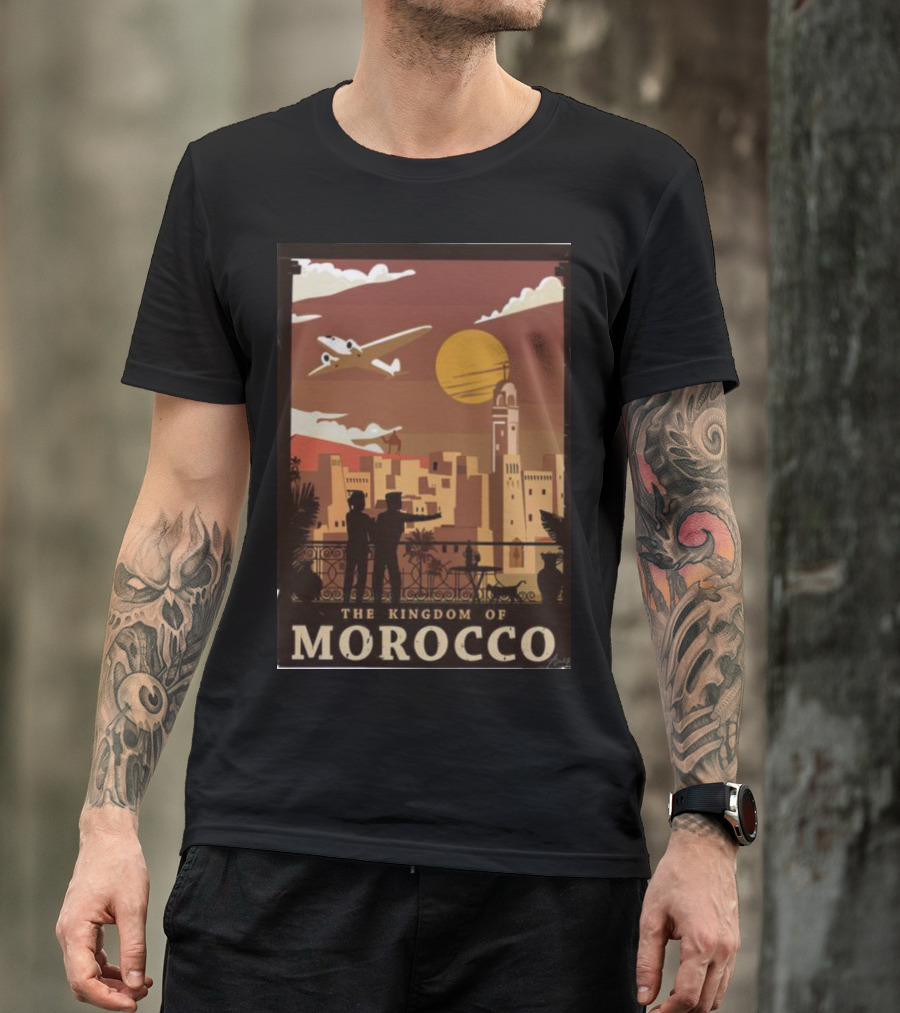 The Kingdom Of Morocco Skyline View With Airplane And Sunset Scene T-Shirt