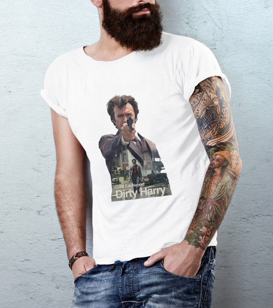 Clint Eastwood Dirty Harry Iconic Movie Scene With Gun And Urban Background T-Shirt