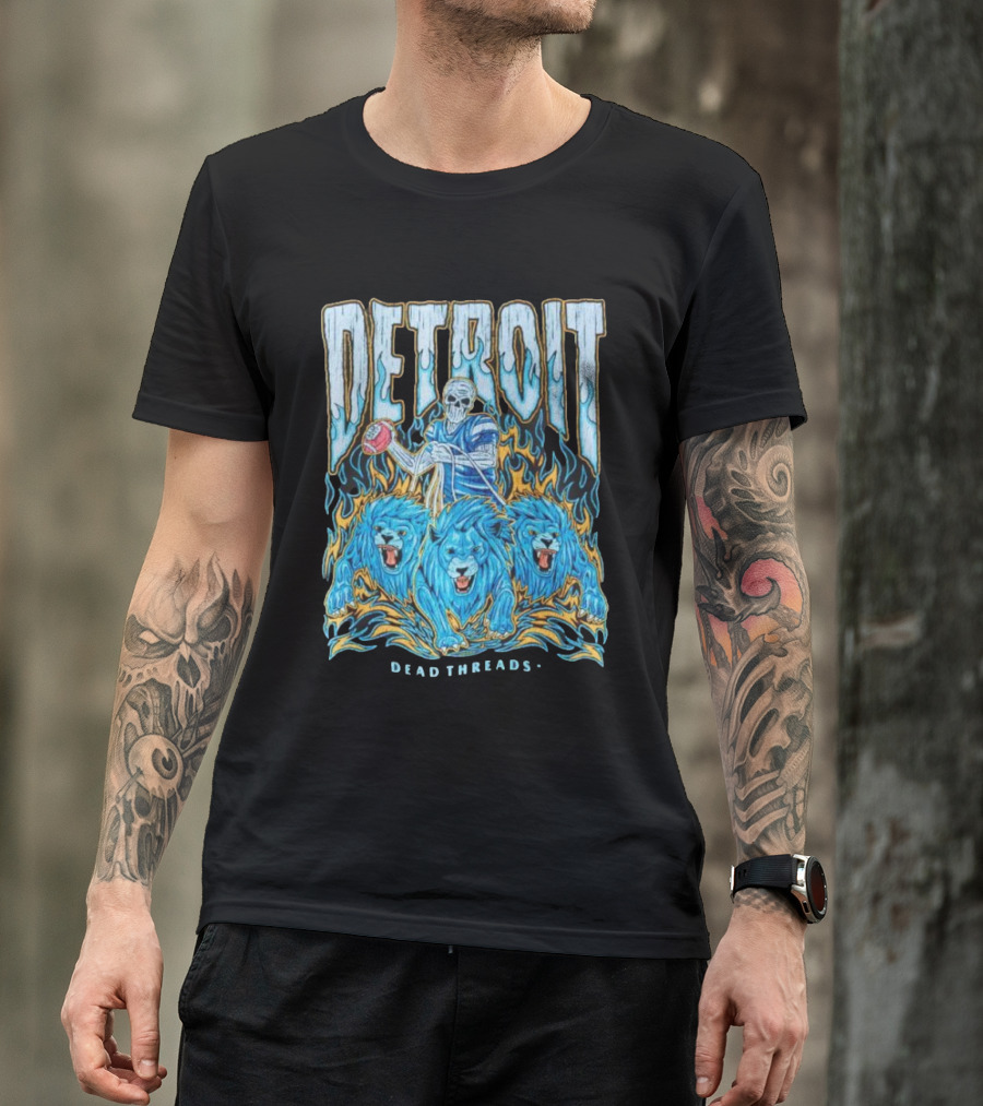 Detroit Dead Threads Football Skeleton And Blue Lions T-Shirt