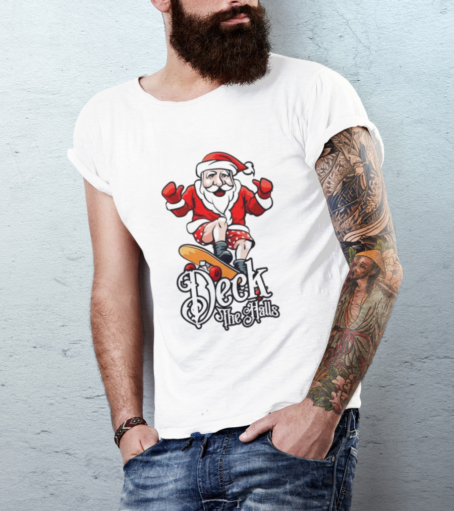 Skateboarding Santa Claus Deck The Halls Christmas Holiday Fun T-Shirt