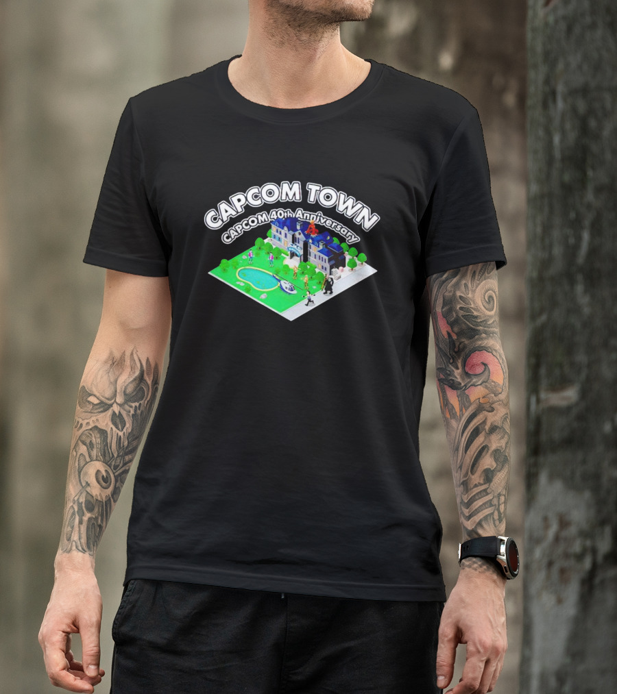 Capcom Town CAPCOM 40th Anniversary With Characters And Mansion Scene T-Shirt