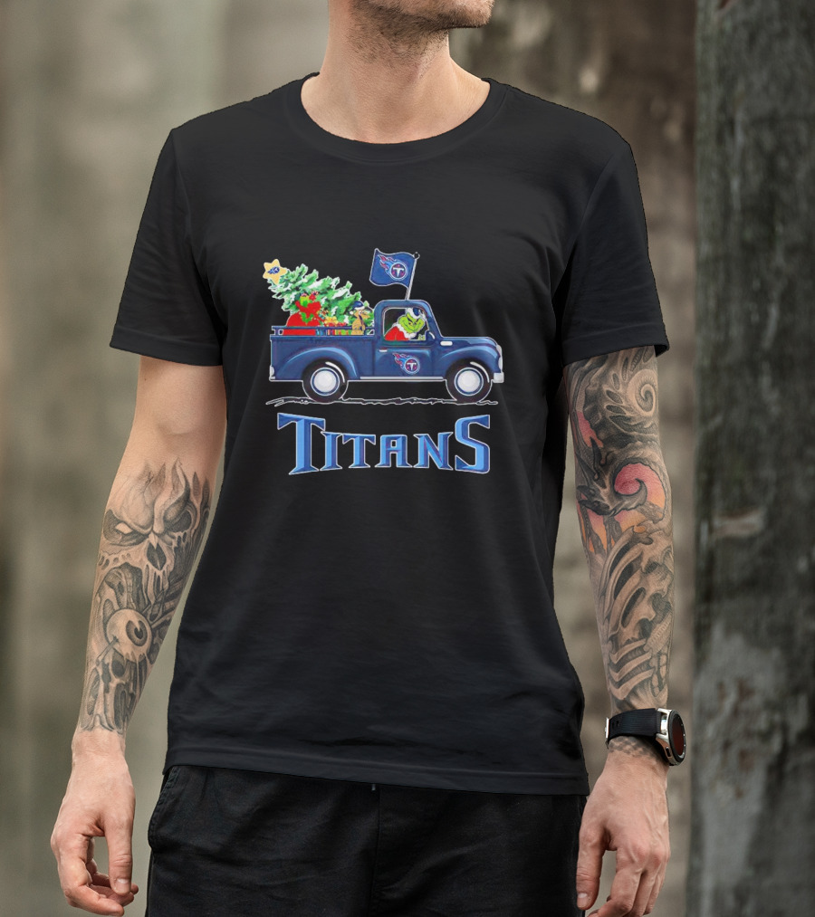 Grinch Driving Christmas Tree Truck Tennessee Titans Holiday Spirit T-Shirt