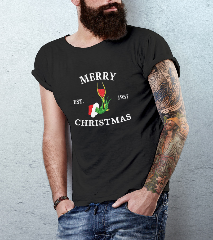 Merry Christmas Grinch Hand Wine Glass Est 1957 T-Shirt