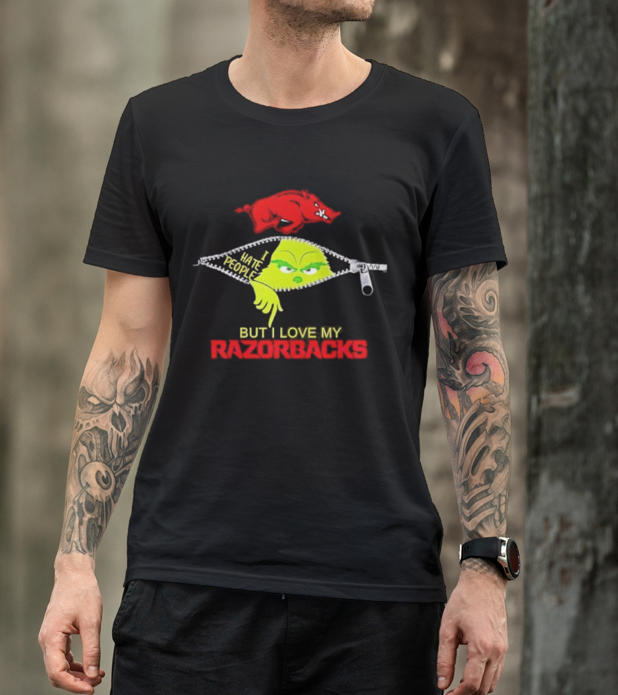Grinch Zipper I Hate People But I Love My Razorbacks Arkansas Razorbacks T-Shirt