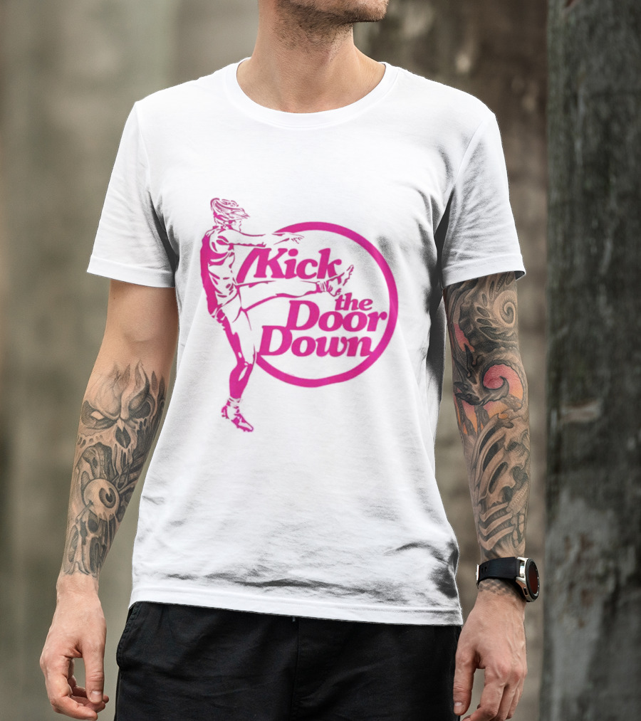 Kick The Door Down Pink Circle Footballer Kicker T-Shirt