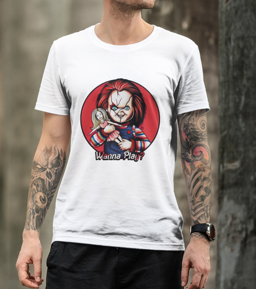 Chucky Holding Doll With Wanna Play? Text In Red Circle T-Shirt