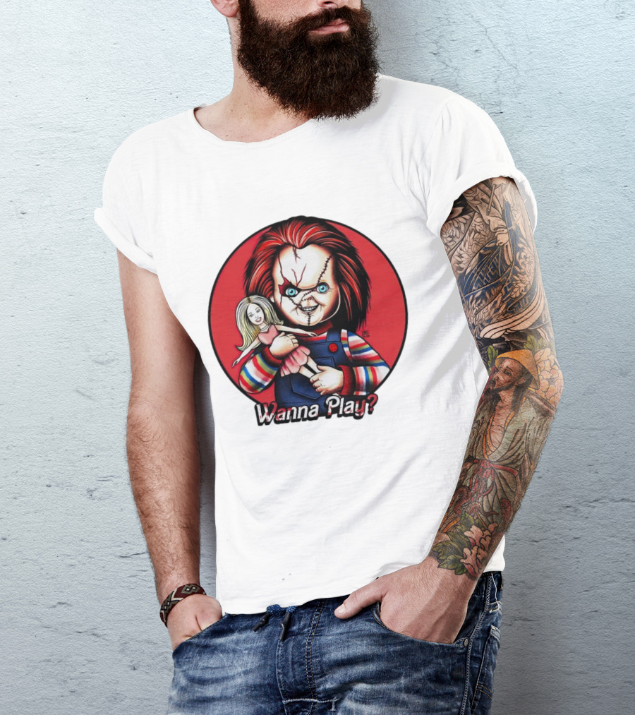 Chucky Holding Doll With Wanna Play? Text In Red Circle T-Shirt