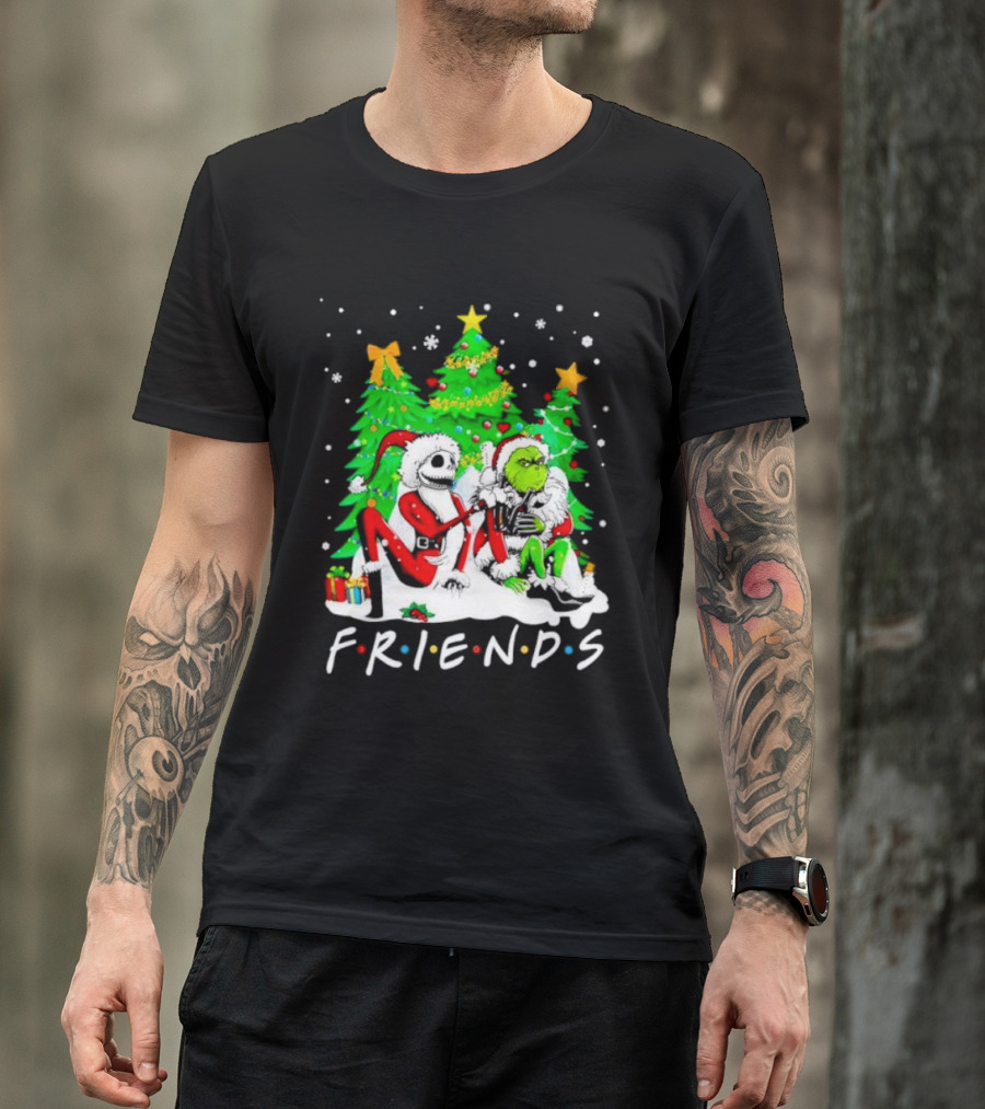 Friends Jack Skellington And Grinch Christmas Scene With Santa Outfits And Christmas Trees T-Shirt
