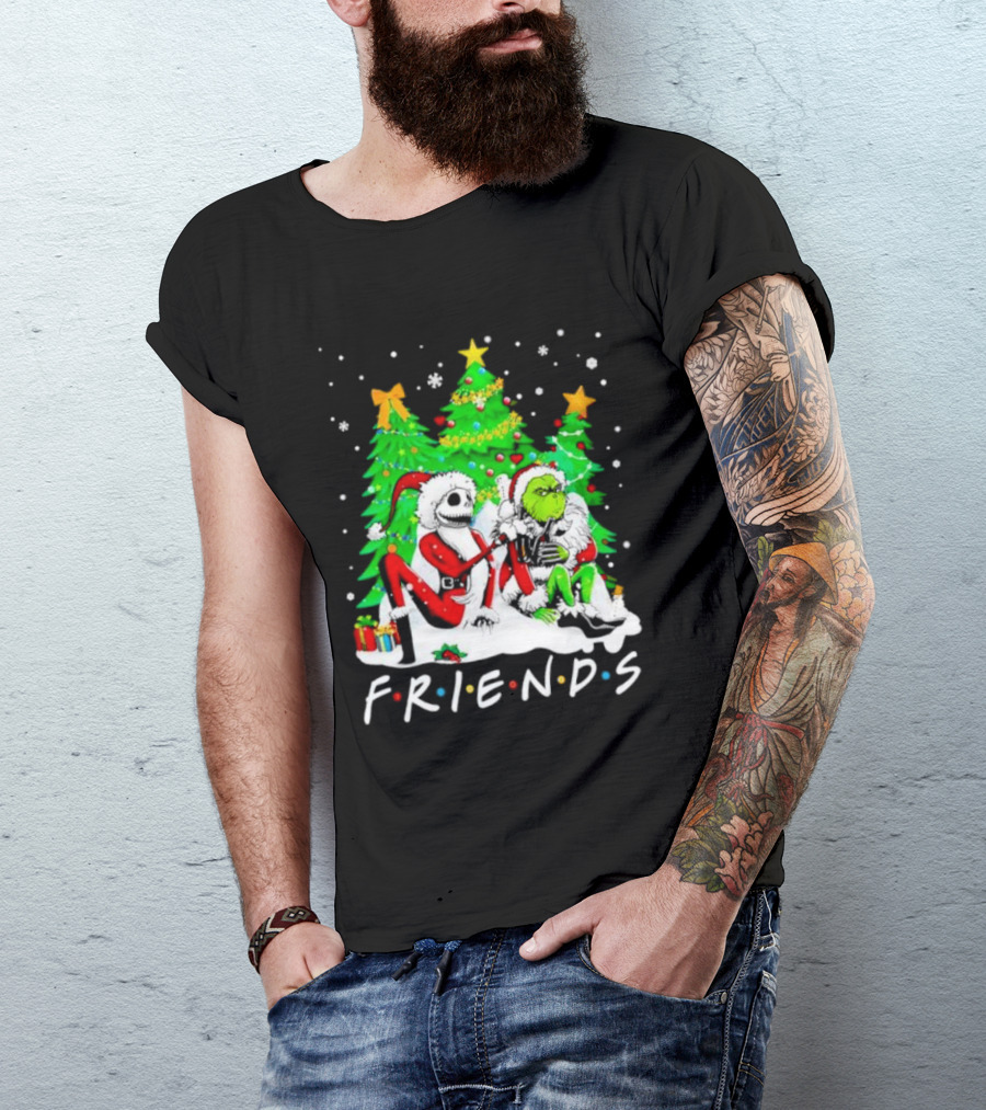 Friends Jack Skellington And Grinch Christmas Scene With Santa Outfits And Christmas Trees T-Shirt