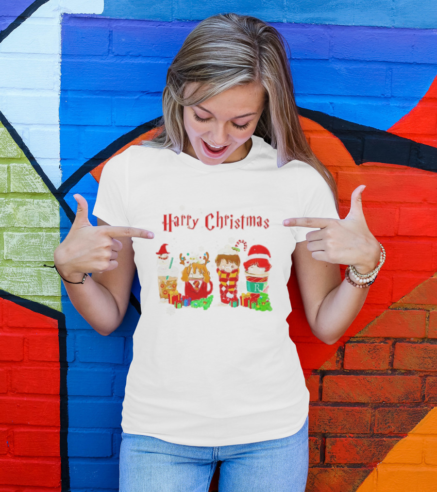 Harry Christmas Chibi Coffee Characters Festive Winter Scene T-Shirt