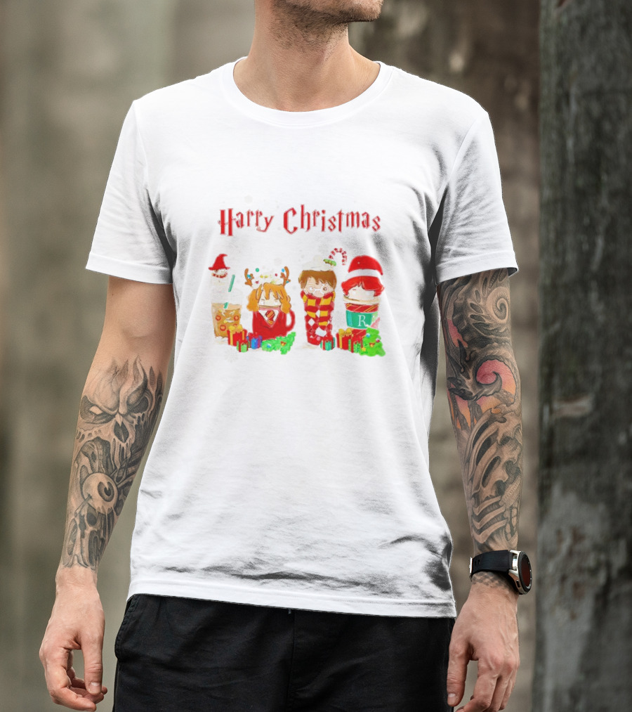 Harry Christmas Chibi Coffee Characters Festive Winter Scene T-Shirt