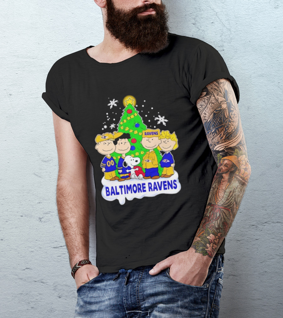 Baltimore Ravens Christmas Tree With Peanuts Characters T-Shirt