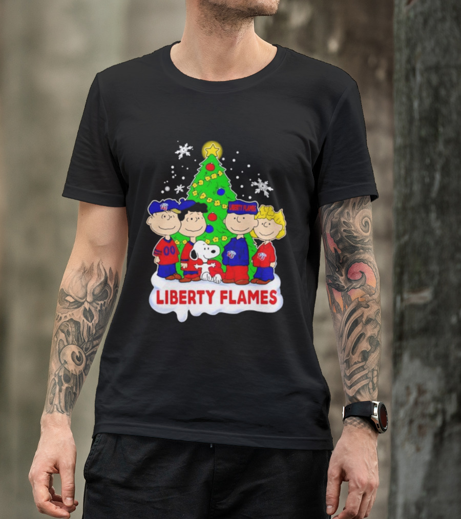 Liberty Flames Peanuts Characters Christmas Tree Snoopy Charlie Brown T-Shirt