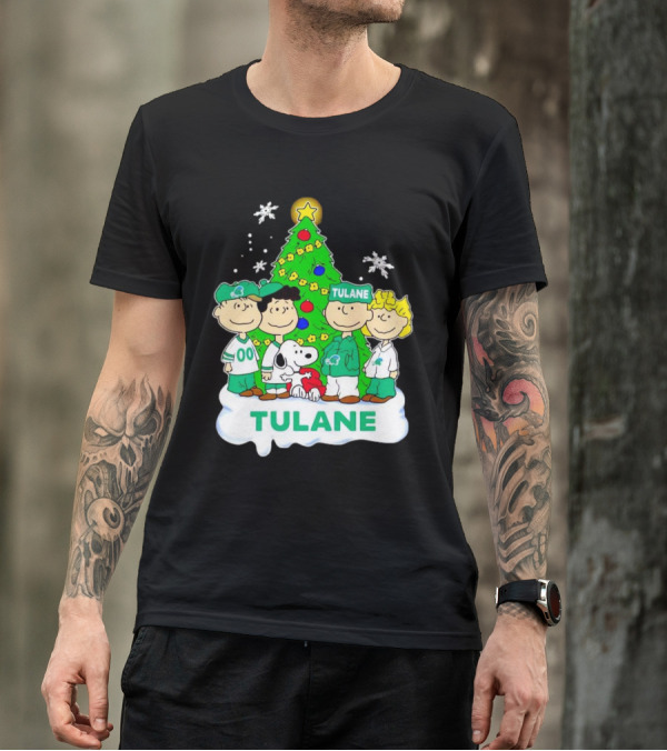 Peanuts Characters Tulane Green Wave Christmas Tree Snoopy Snowflakes T-Shirt
