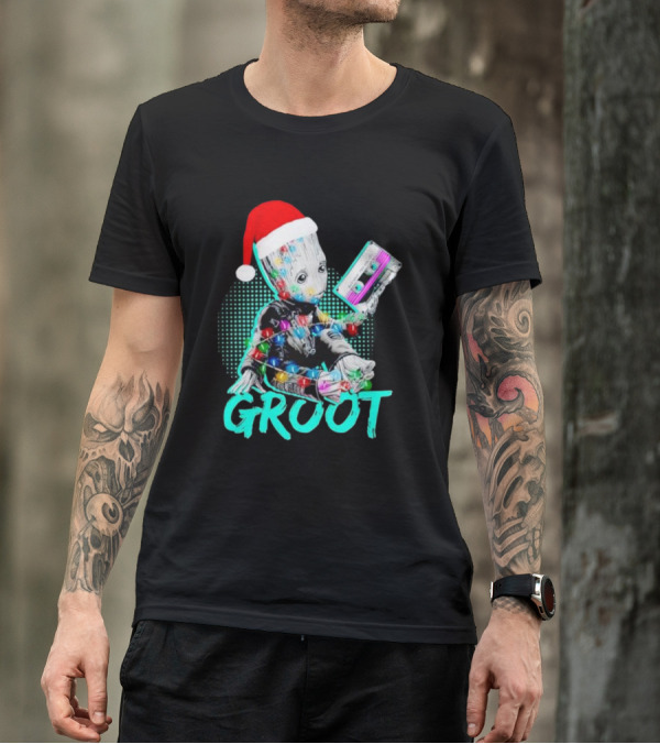 Santa Baby Groot With Cassette Tape And Holiday Lights T-Shirt