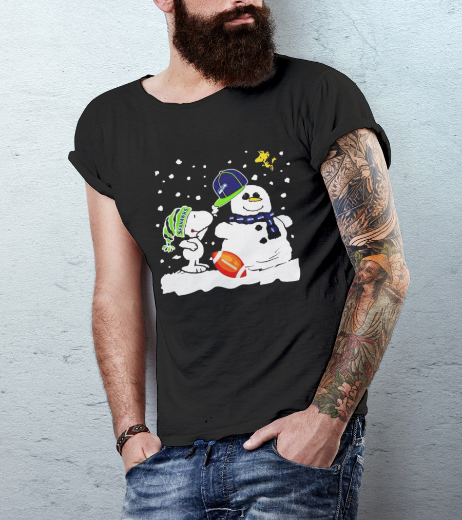 Seattle Seahawks Snoopy Snowman Hat Winter Football Scene T-Shirt