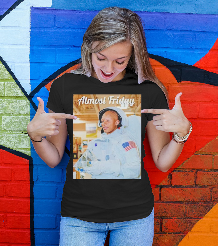 Almost Friday Astronaut Holding Crystal Model In NASA Spacesuit With American Flag Patch T-Shirt