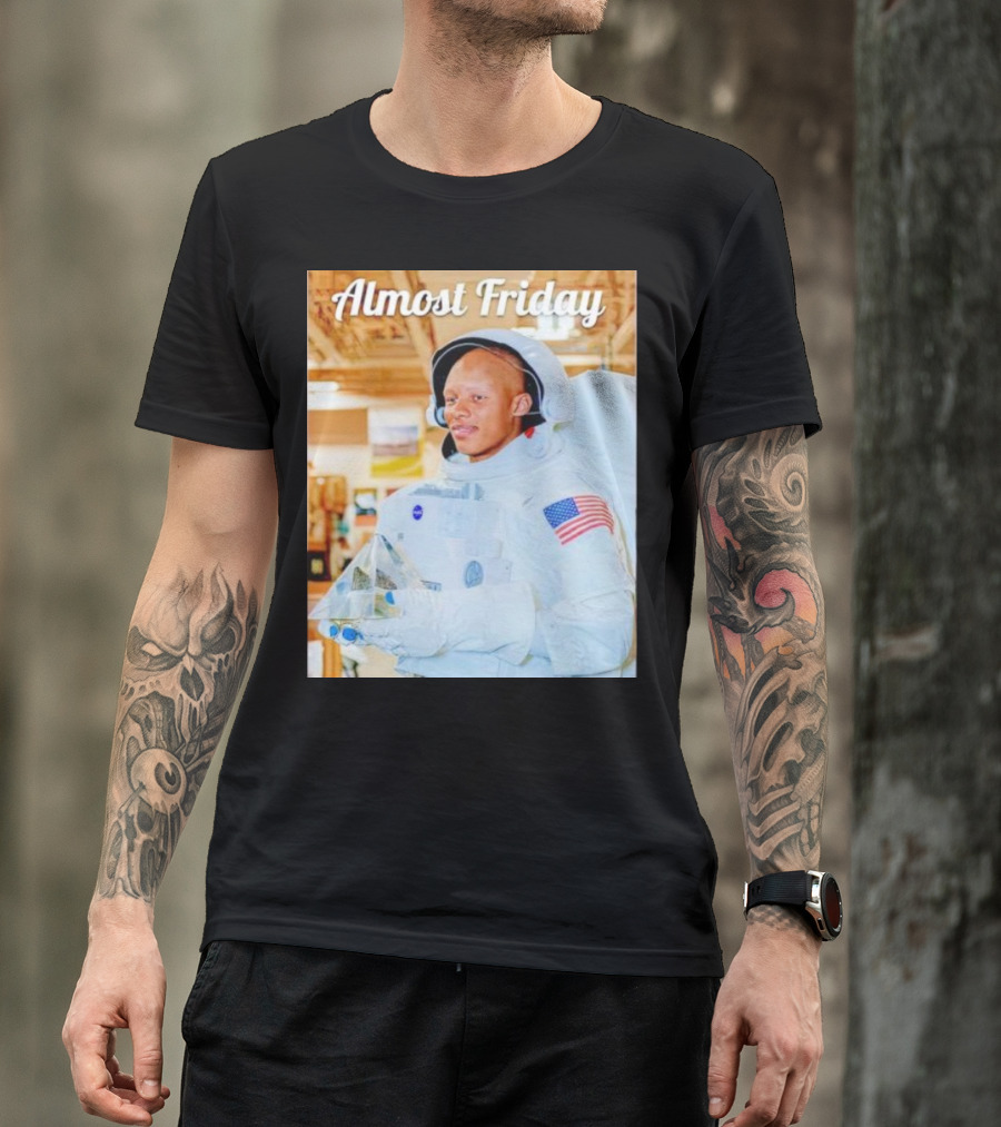 Almost Friday Astronaut Holding Crystal Model In NASA Spacesuit With American Flag Patch T-Shirt