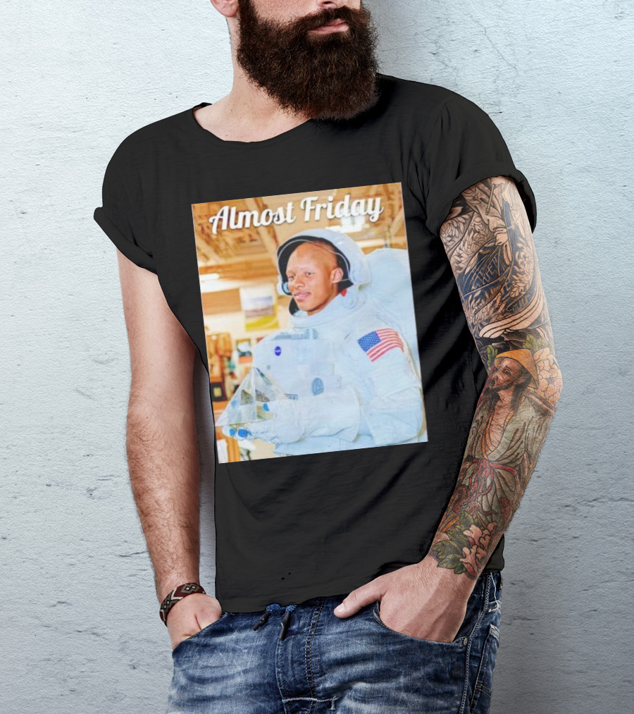 Almost Friday Astronaut Holding Crystal Model In NASA Spacesuit With American Flag Patch T-Shirt