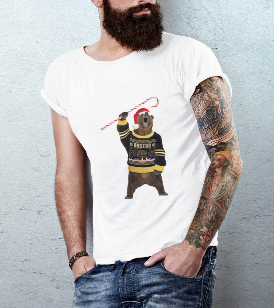 Boston Bear Christmas Holiday Sweater Santa Hat Candy Cane T-Shirt