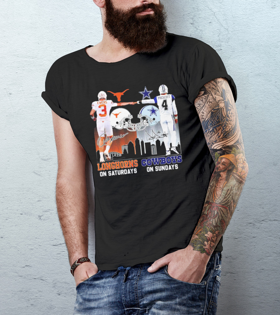 Ewers Longhorns On Saturdays Prescott Cowboys On Sundays Football Helms And Skyline T-Shirt