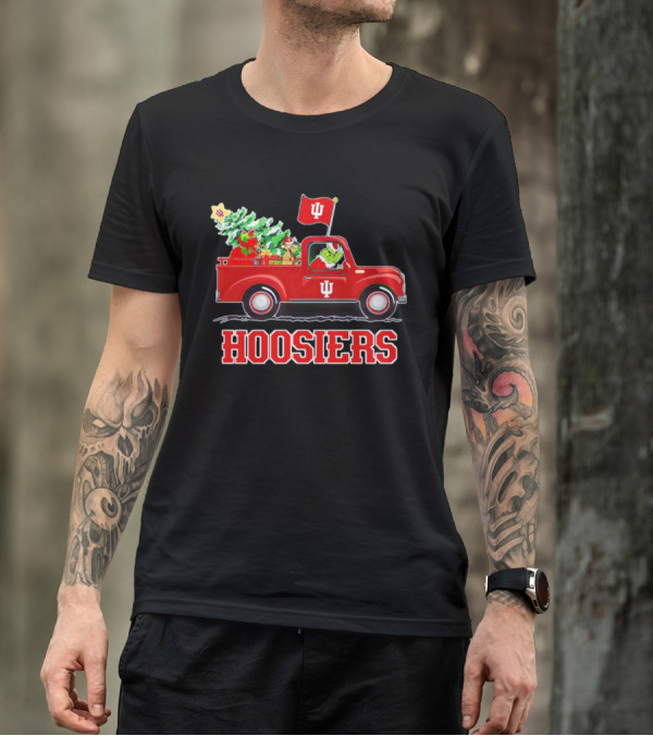 Grinch Driving Indiana Hoosiers Christmas Truck With Holiday Tree T-Shirt