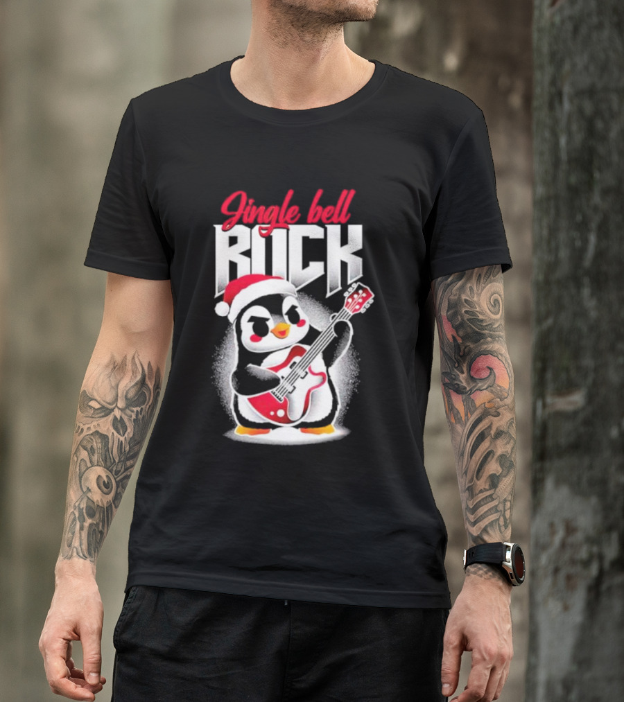 Jingle Bell Rock Penguin Playing Christmas Guitar In Santa Hat T-Shirt